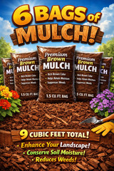 Lot of 6 Bags of RED Premium Wood Shredded Bagged Mulch 9 cu. ft. Total