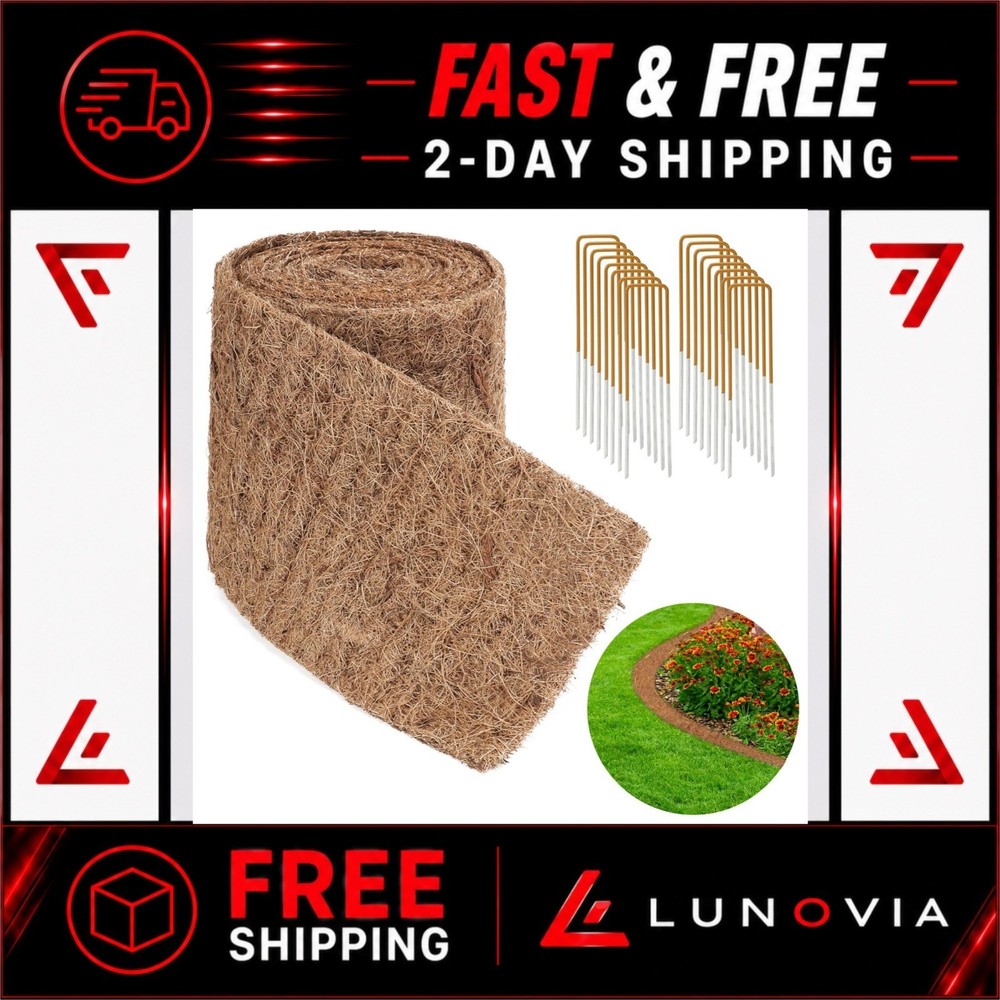 Natural Coconut Fiber Mulch Mat Roll 120″ x 6.3″ with Steel Stakes