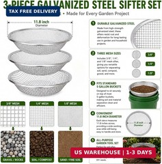 Soil Sifter for Garden Suitable for 5 Gallon Buckets (3 PCS 3/8in,1/4in,1/8in,)