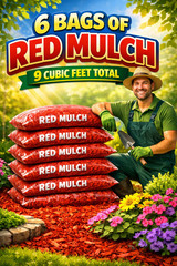 Lot of 6 Bags of RED Premium Wood Shredded Bagged Mulch 9 cu. ft. Total