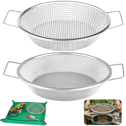 2PCS Soil Sifter for Gardening with Handle,Stainless Steel Rock Compost Soil