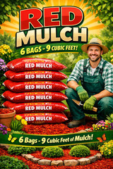 Lot of 6 Bags of RED Premium Wood Shredded Bagged Mulch 9 cu. ft. Total