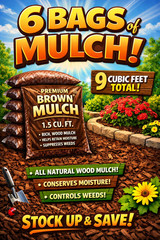 Lot of 6 Bags of BROWN Premium Wood Shredded Bagged Mulch 9 cu. ft. Total