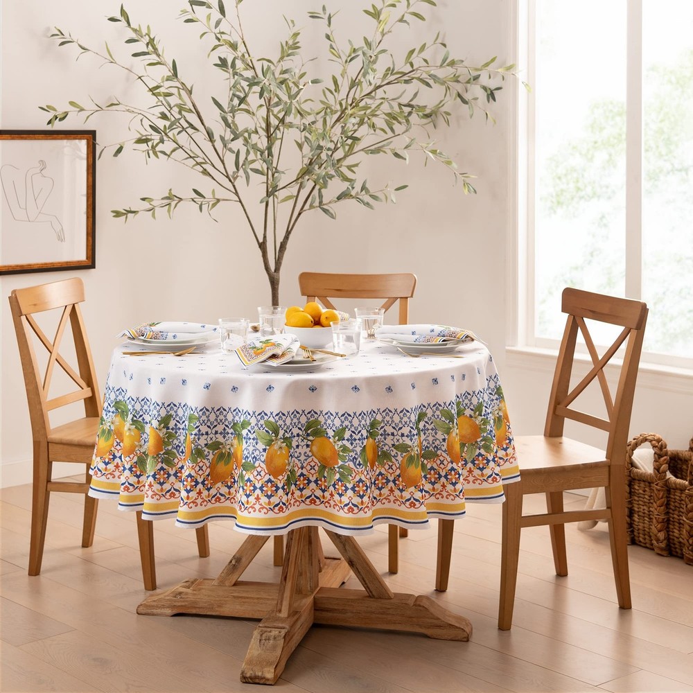 Threadmade Capri Lemon Double Border Tablecloth, Multicolor – 70″ W x 70″ L R…